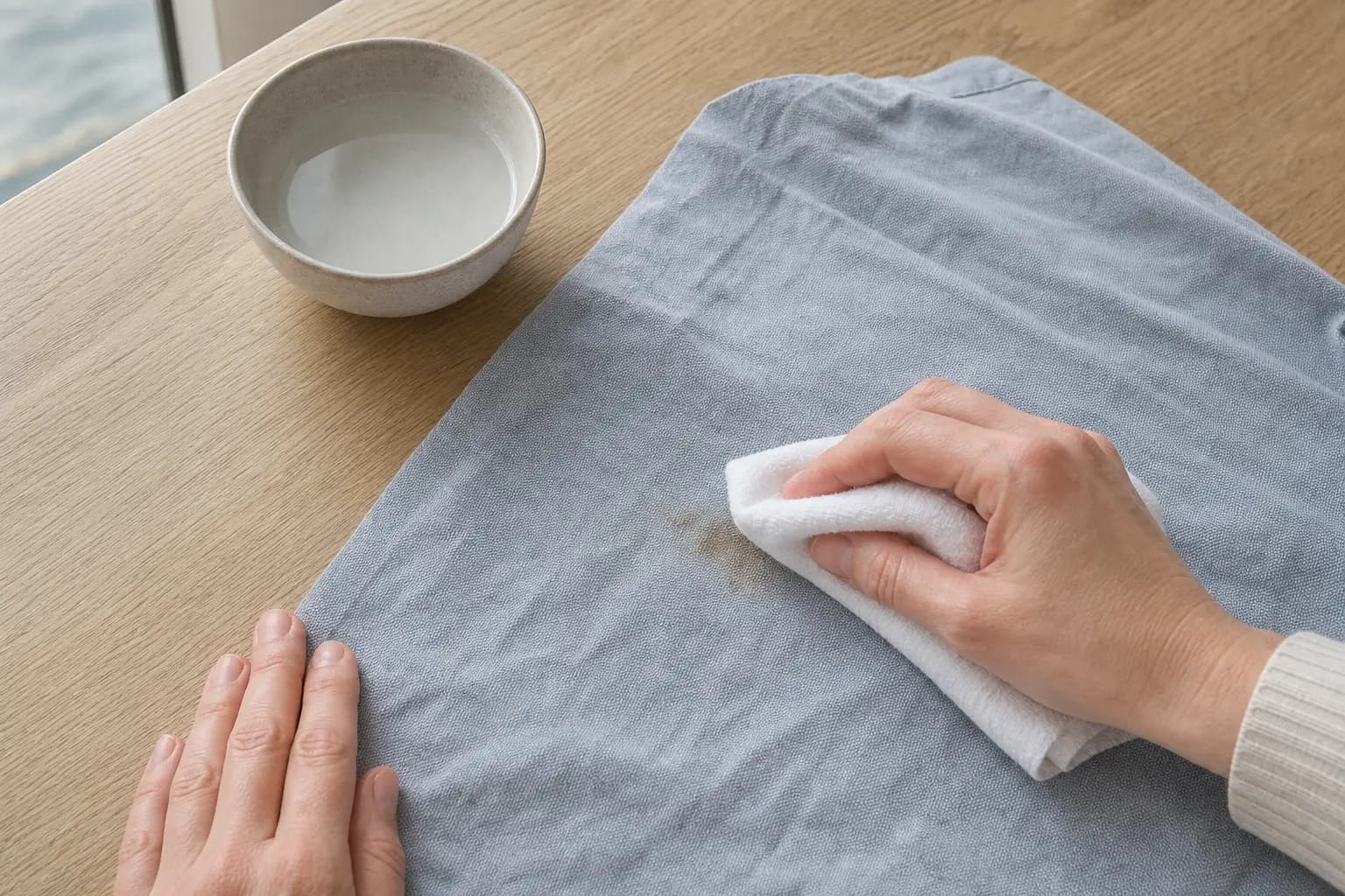 En vit trasa som försiktigt suger upp en liten fläck från en blågrå textil.
