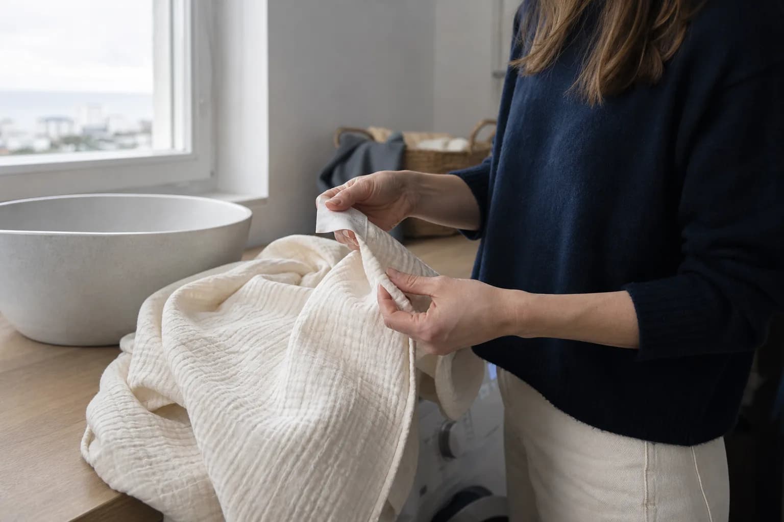 Händer som läser skötseletiketten på en ljus, strukturerad textil före tvätt.