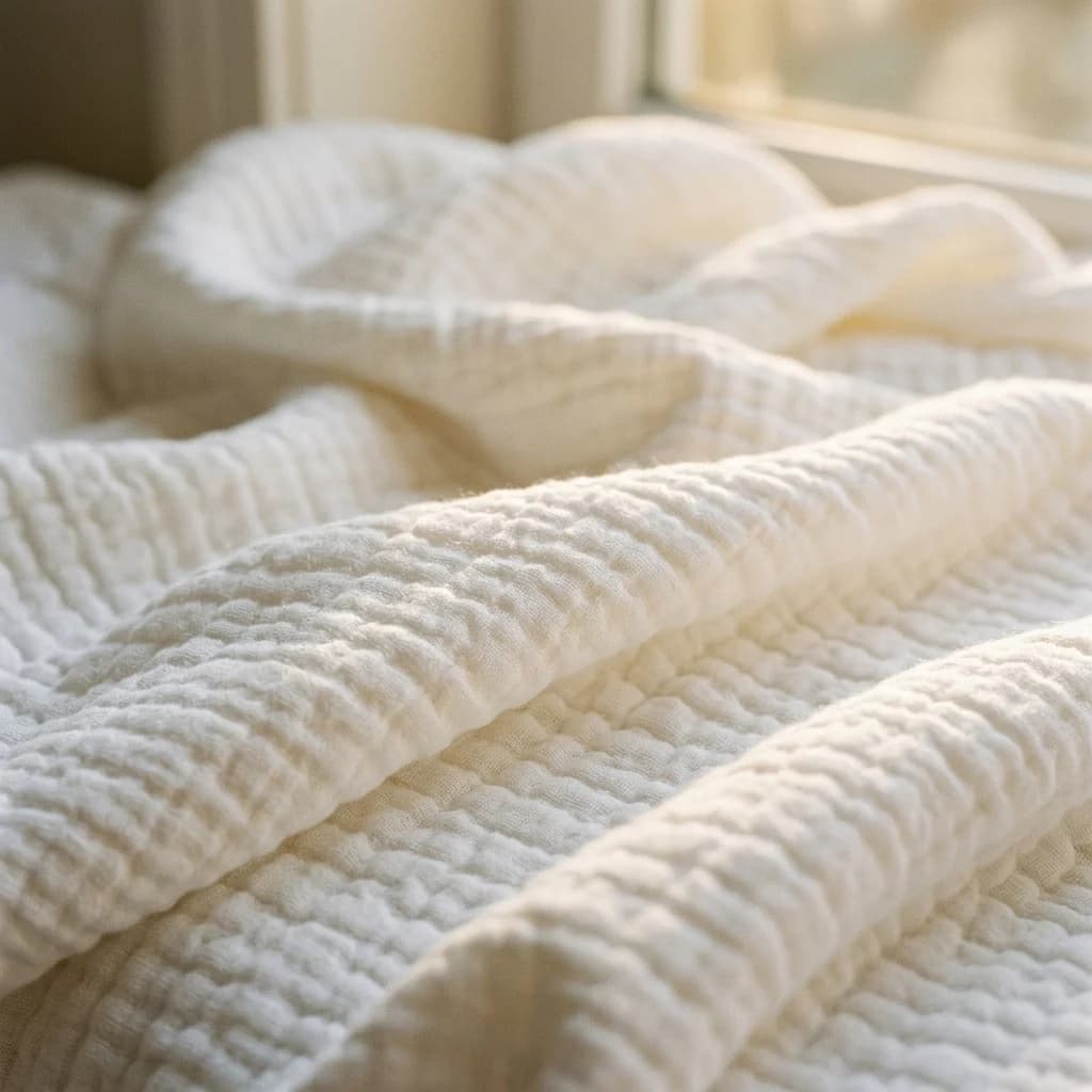 Närbild av ljus muslin med mjuka veck i varmt morgonljus.